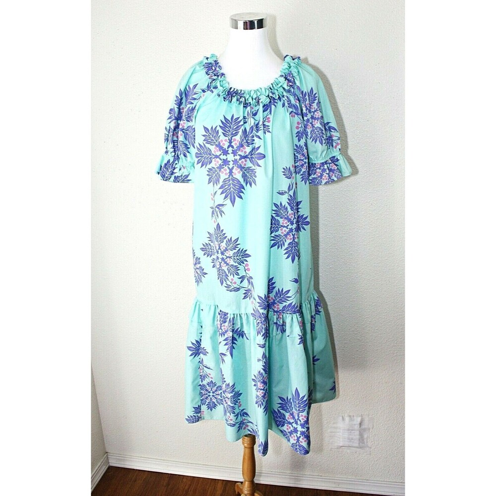 HILO HATTIE Hawaiian Dress Sz. 14 Aqua Purple Traditional Quilt Print SS #03